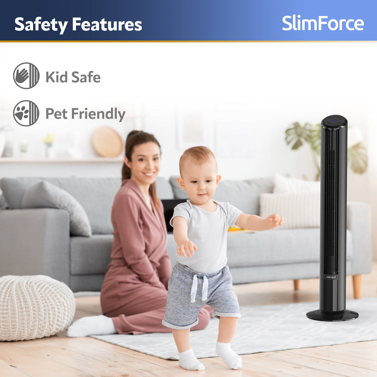Lasko SlimForce 42 4-Speed Oscillating Remote Control High Velocity Tower Fan, Black, T42215