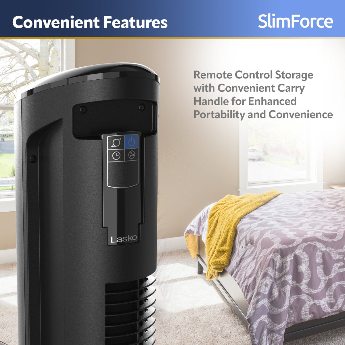 Lasko SlimForce 42 4-Speed Oscillating Remote Control High Velocity Tower Fan, Black, T42215