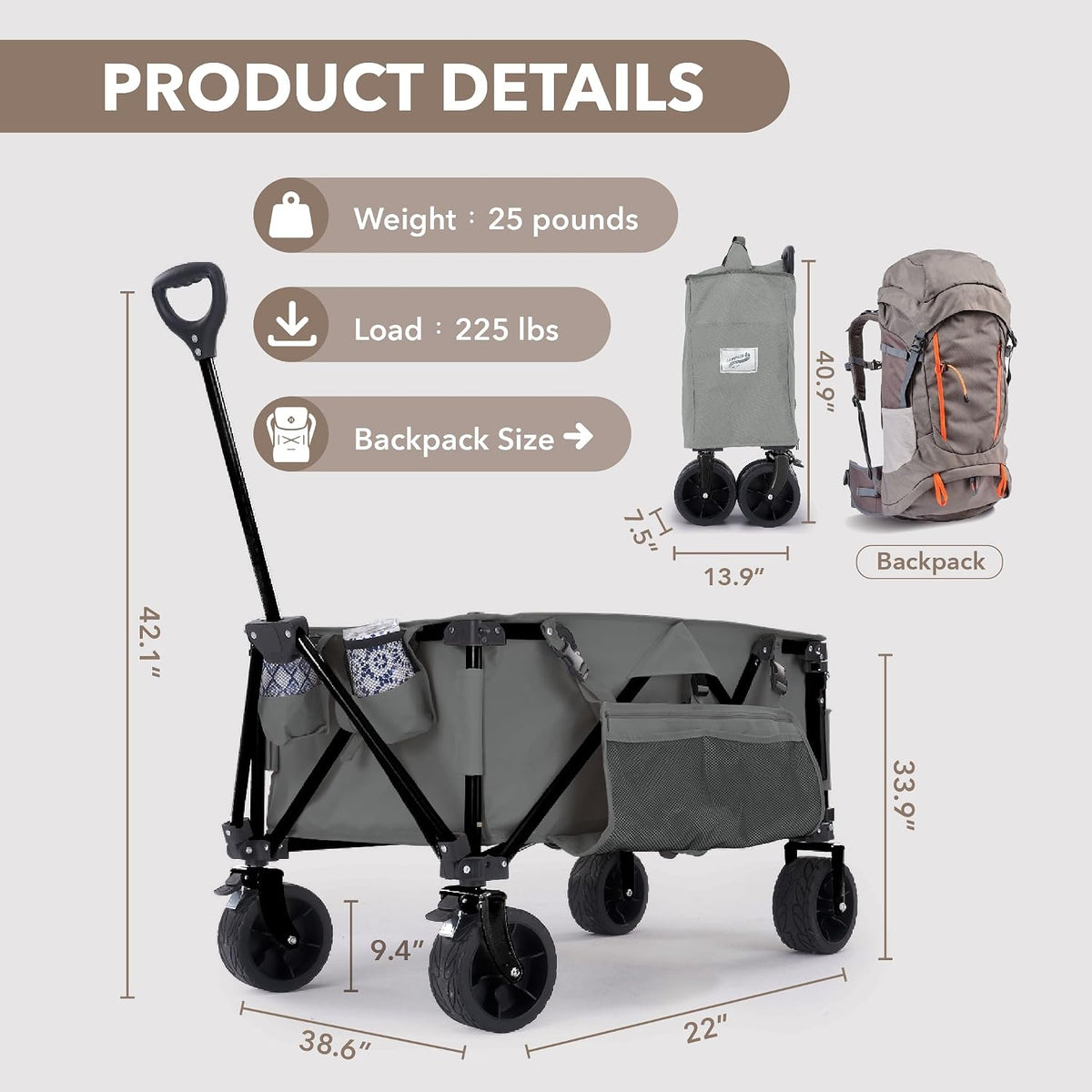 Camphor Designs 200L Collapsible Folding Beach Wagon |Heavy Duty Utility Cart Extender |Supports 225lbs |All-Terrain Big Wheels with Breaks for Sports Camping (Grey)