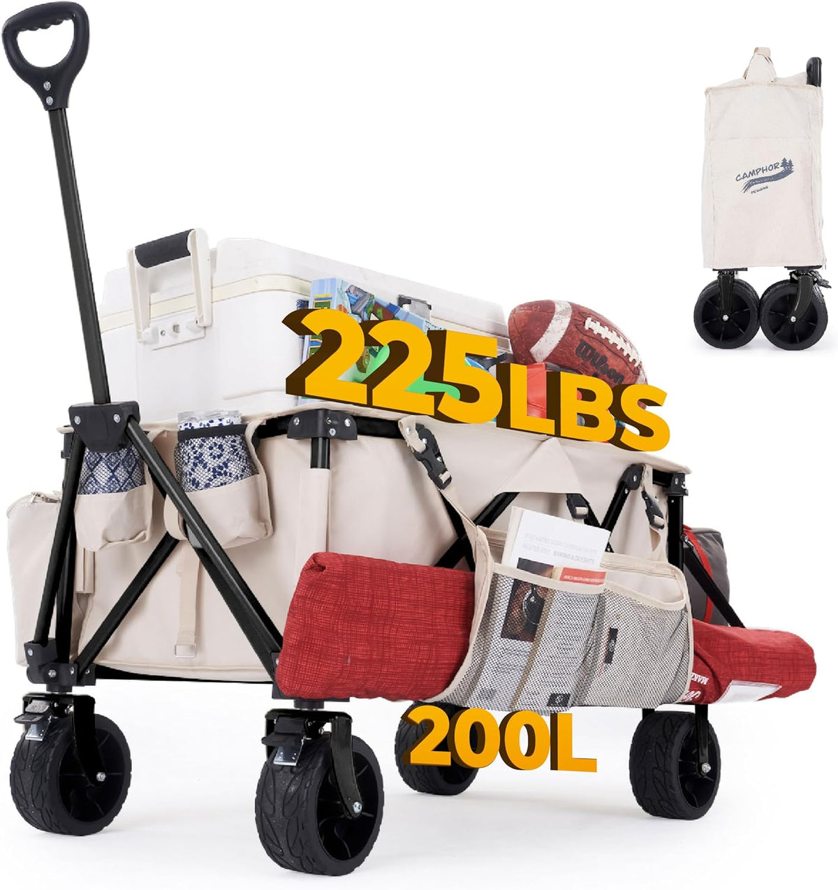 Camphor Designs 200L Collapsible Folding Beach Wagon |Heavy Duty Utility Cart Extender |Supports 225lbs |All-Terrain Big Wheels with Breaks for Sports Camping (Beige)