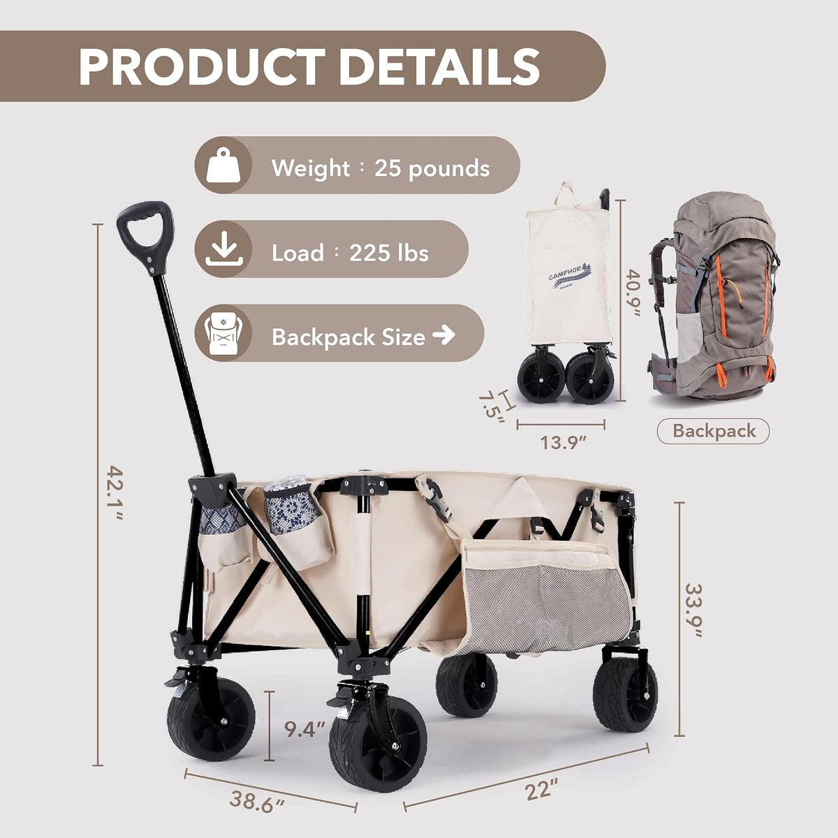 Camphor Designs 200L Collapsible Folding Beach Wagon |Heavy Duty Utility Cart Extender |Supports 225lbs |All-Terrain Big Wheels with Breaks for Sports Camping (Beige)