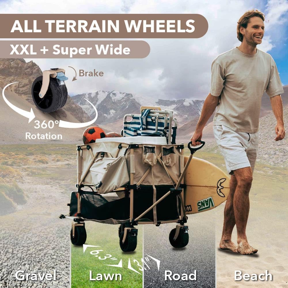 Camphor Designs 400L Collapsible Folding Double Decker Beach Wagon |Heavy Duty Utility Cart Extender|Supports 450lbs|All-Terrain Big Wheels with Breaks for Sports Camping (Beige)