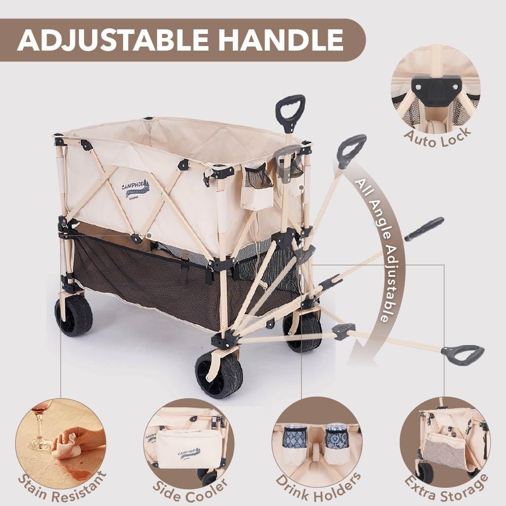 Camphor Designs 400L Collapsible Folding Double Decker Beach Wagon |Heavy Duty Utility Cart Extender|Supports 450lbs|All-Terrain Big Wheels with Breaks for Sports Camping (Beige)