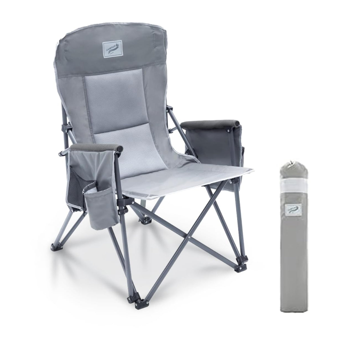 Camphor Designs Heavy Duty Portable Folding Camping Chair for Adults with Comfy Padded Backrest | for Outdoor & Sports, Backpacking, Beach, Lawn, Hunting, Tailgating, Fishing | Supports 400 Lbs (Grey)