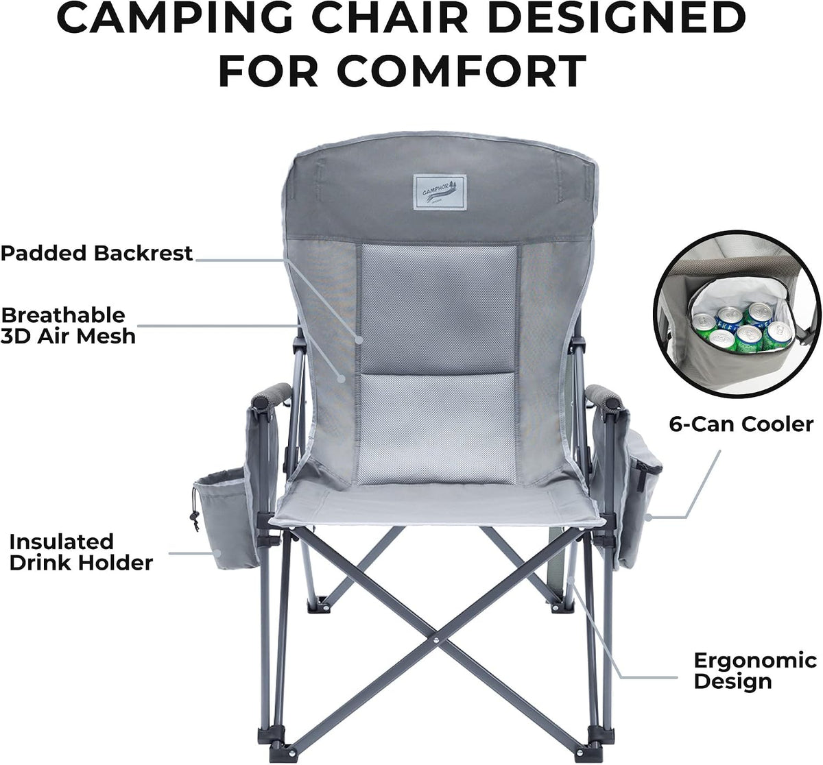 Camphor Designs Heavy Duty Portable Folding Camping Chair for Adults with Comfy Padded Backrest | for Outdoor & Sports, Backpacking, Beach, Lawn, Hunting, Tailgating, Fishing | Supports 400 Lbs (Grey)