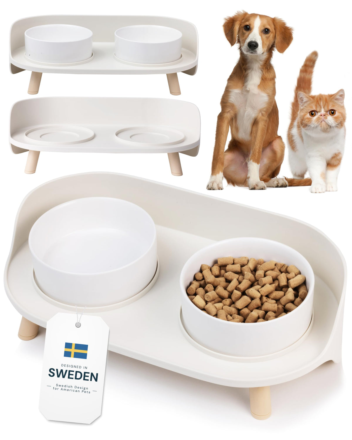 MalsiPree Dog Bowls Elevated & Pet Bowls - Small, Sand Beige - 45 Tilt Stand with Splash Guard - Dog Feeding Station with Ceramic Dishes for Food & Water