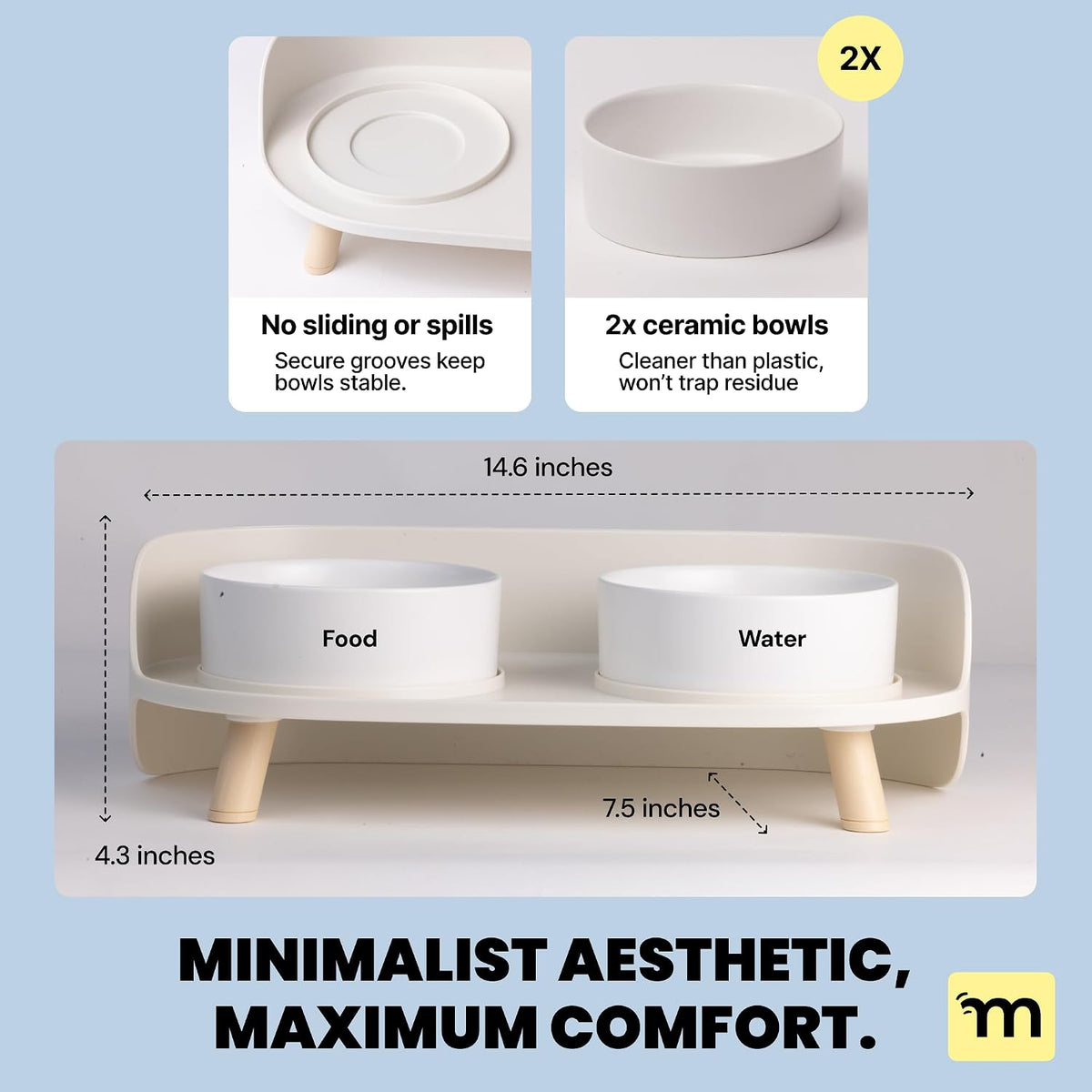 MalsiPree Dog Bowls Elevated & Pet Bowls - Small, Sand Beige - 45 Tilt Stand with Splash Guard - Dog Feeding Station with Ceramic Dishes for Food & Water