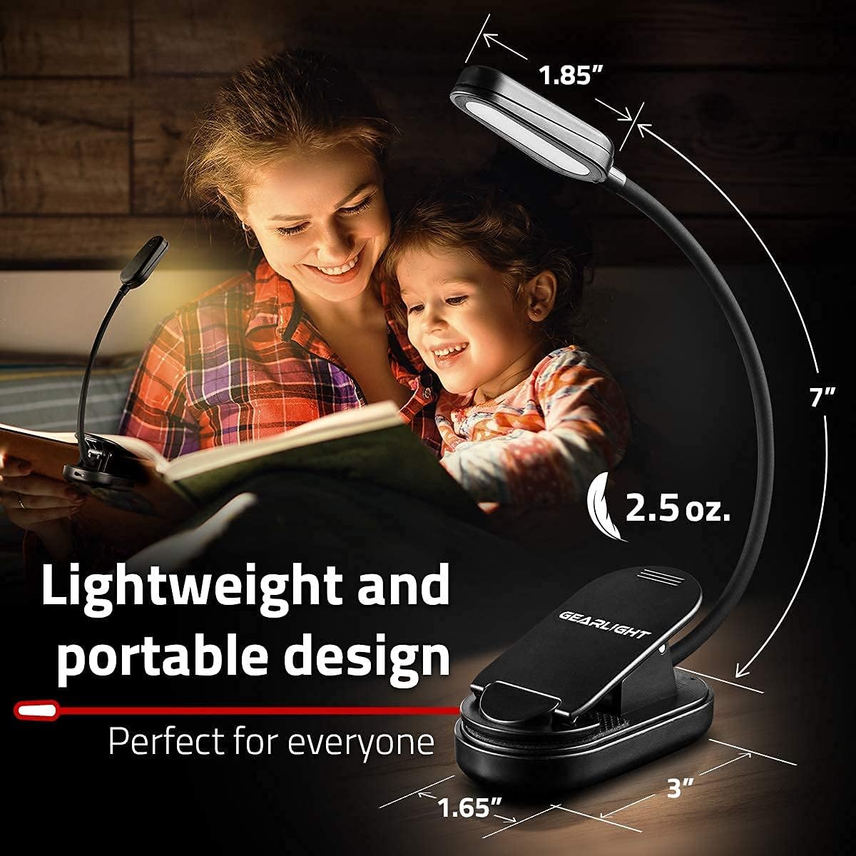 GearLight Rechargeable Book Light for Reading in Bed  Hands-Free LED Clip-on Lamp with 3 Light Modes, Adjustable Brightness, Flexible Neck Reading Light for Books, Laptops, and More  Black Clip-on
