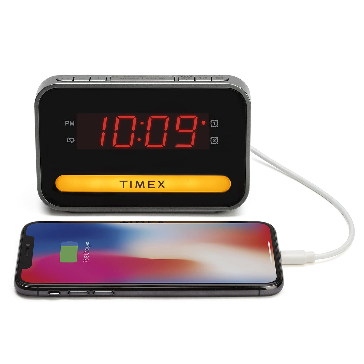 Timex Bedside Dual Alarm Clock with USB Charging, Nightlight, Snooze bar, dimmer Display and Battery Backup (T1200)