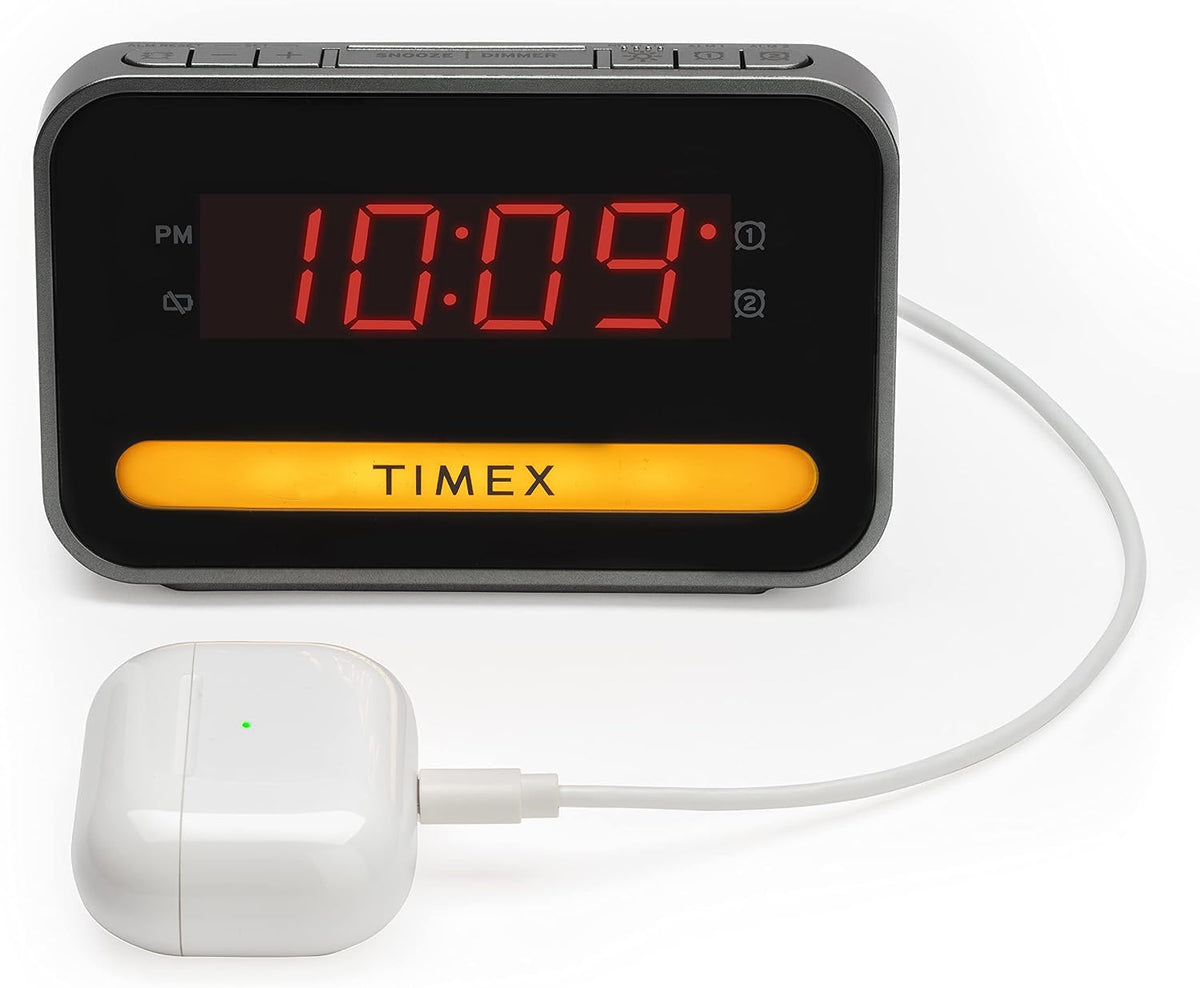 Timex Bedside Dual Alarm Clock with USB Charging, Nightlight, Snooze bar, dimmer Display and Battery Backup (T1200)