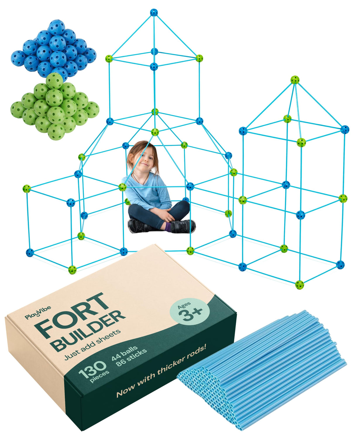 PLAYVIBE 130 PCS Kids Fort Building Kit, Indoor/Outdoor Kids Toys