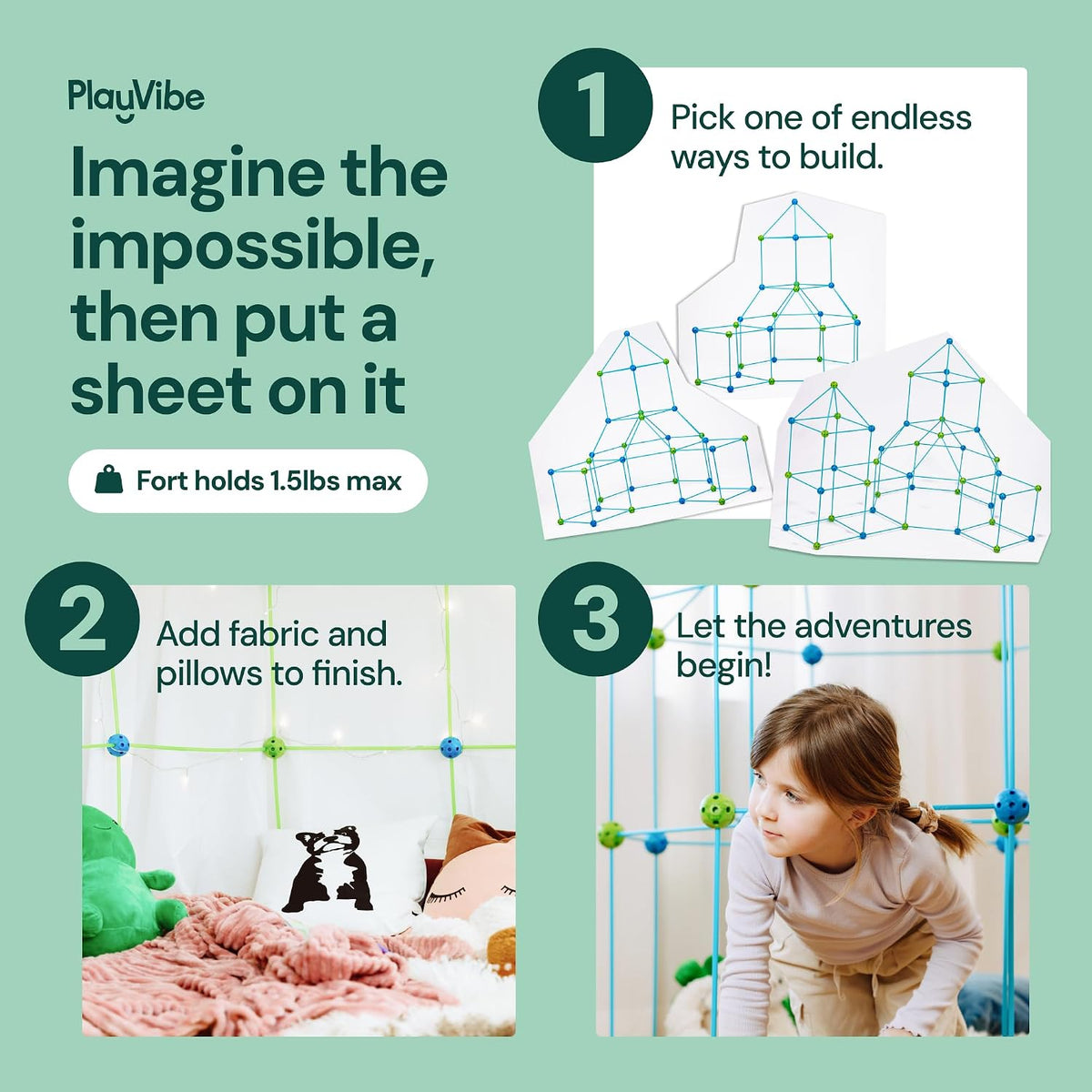 PLAYVIBE 130 PCS Kids Fort Building Kit, Indoor/Outdoor Kids Toys