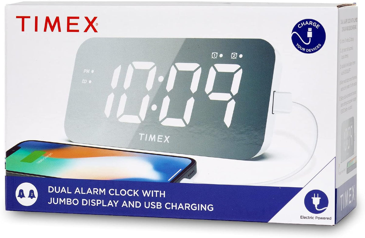 Timex Alarm Clock with USB Charger (5W) and Large Display, Digital Alarm Clock for Bedroom Includes 100-240V Universal Power Adapter (T1320)
