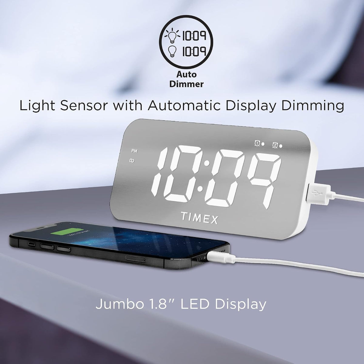 Timex Alarm Clock with USB Charger (5W) and Large Display, Digital Alarm Clock for Bedroom Includes 100-240V Universal Power Adapter (T1320)