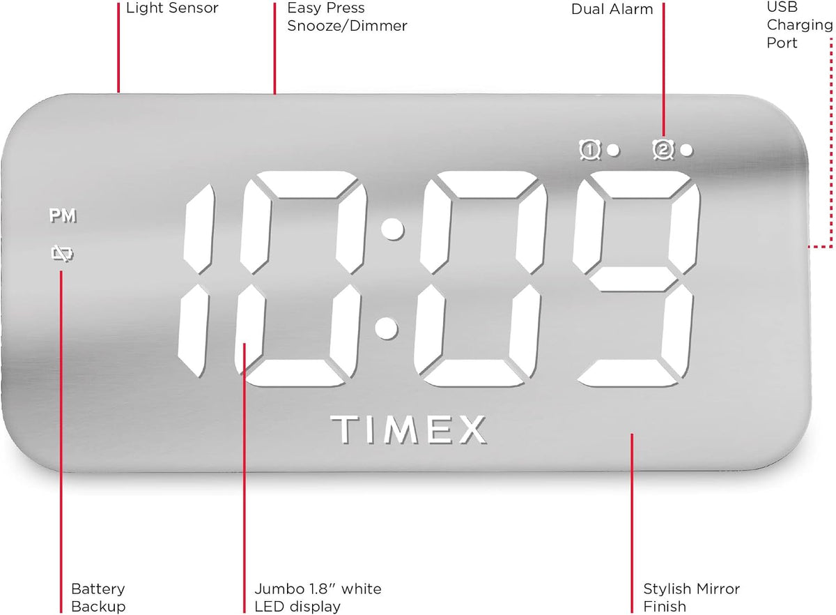 Timex Alarm Clock with USB Charger (5W) and Large Display, Digital Alarm Clock for Bedroom Includes 100-240V Universal Power Adapter (T1320)