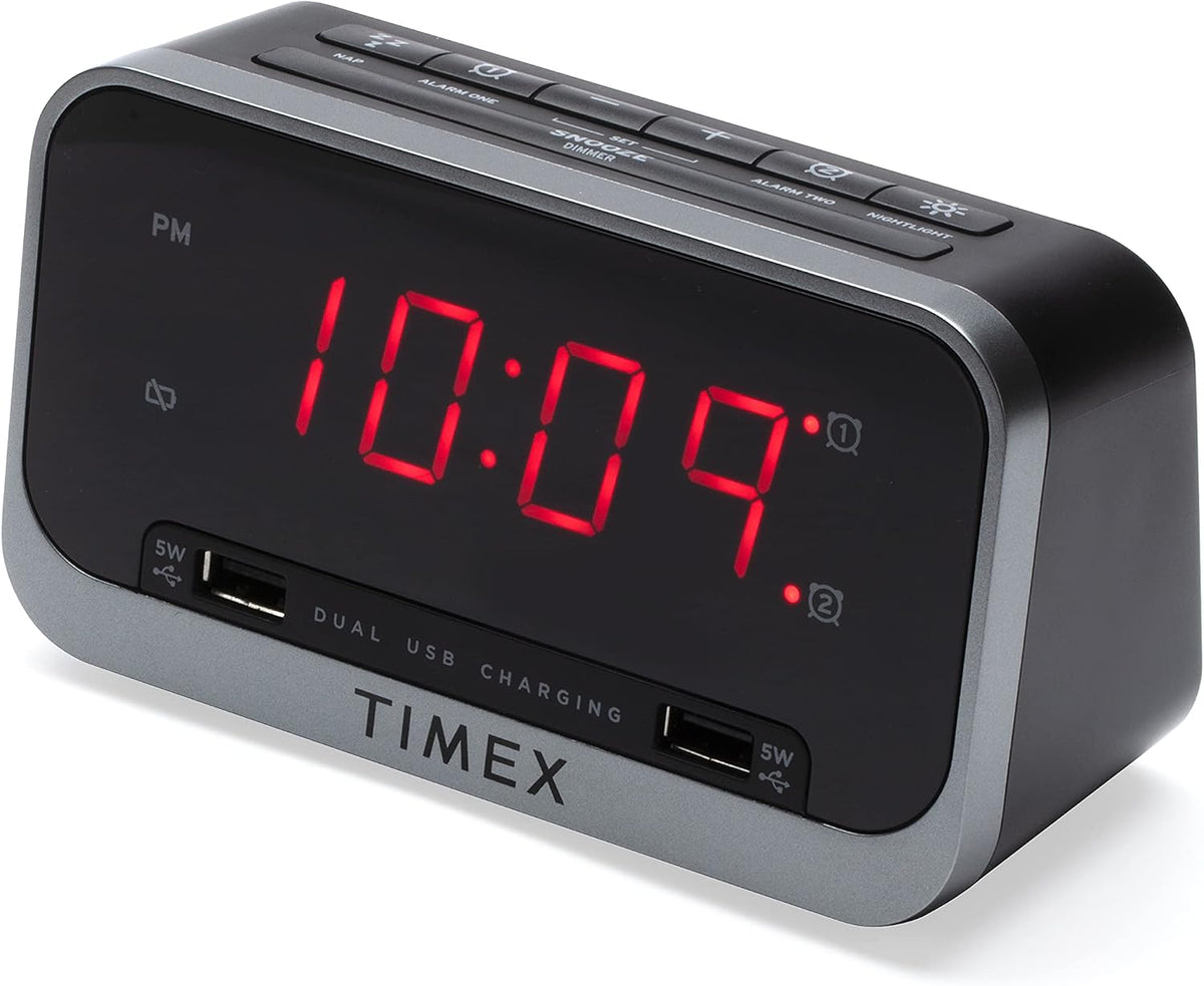Timex Bedside Alarm Clock with Dual USB Charging, Dual Alarm, Nightlight, Snooze bar, and Battery Backup (T1300)