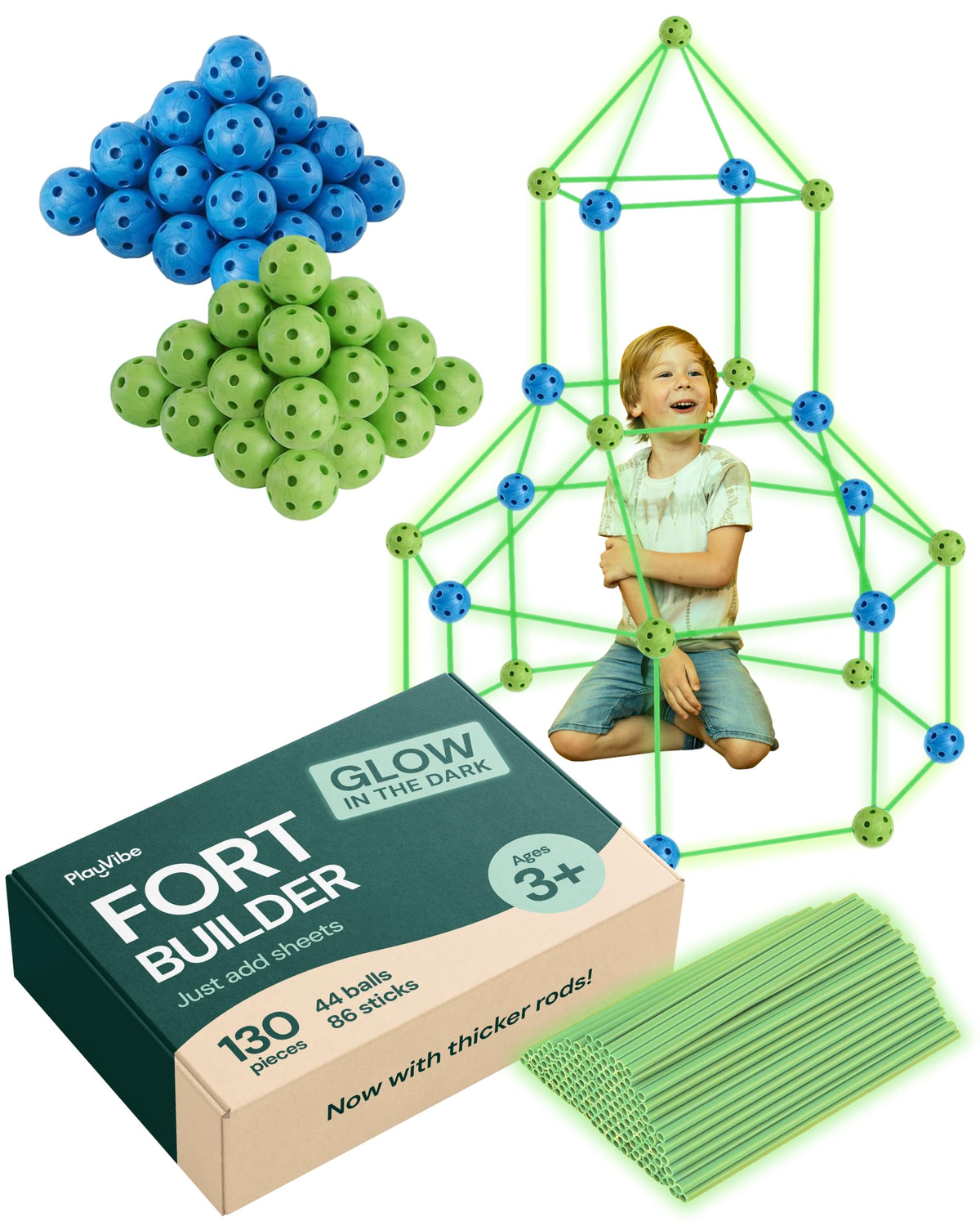 PLAYVIBE 130 PCS Glow in The Dark Kids Fort Building Kit - Fort Builder | Fort Kit | Crazy Kids Fort Building Set | Build A Fort | Air Fort | Indoor/Outdoor Kids Toys