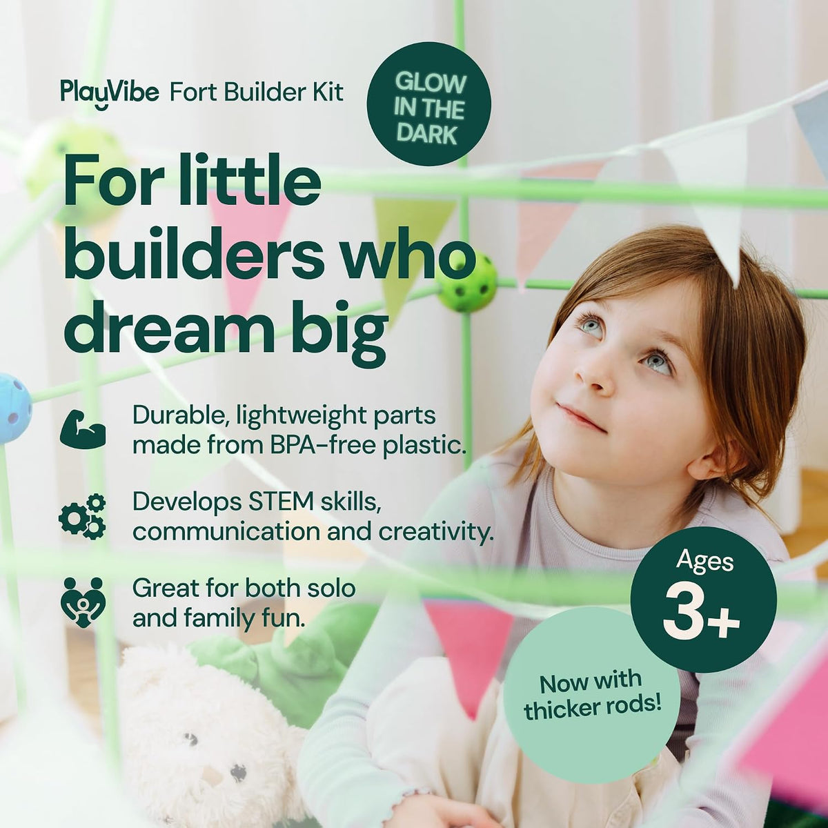 PLAYVIBE 130 PCS Glow in The Dark Kids Fort Building Kit - Fort Builder | Fort Kit | Crazy Kids Fort Building Set | Build A Fort | Air Fort | Indoor/Outdoor Kids Toys