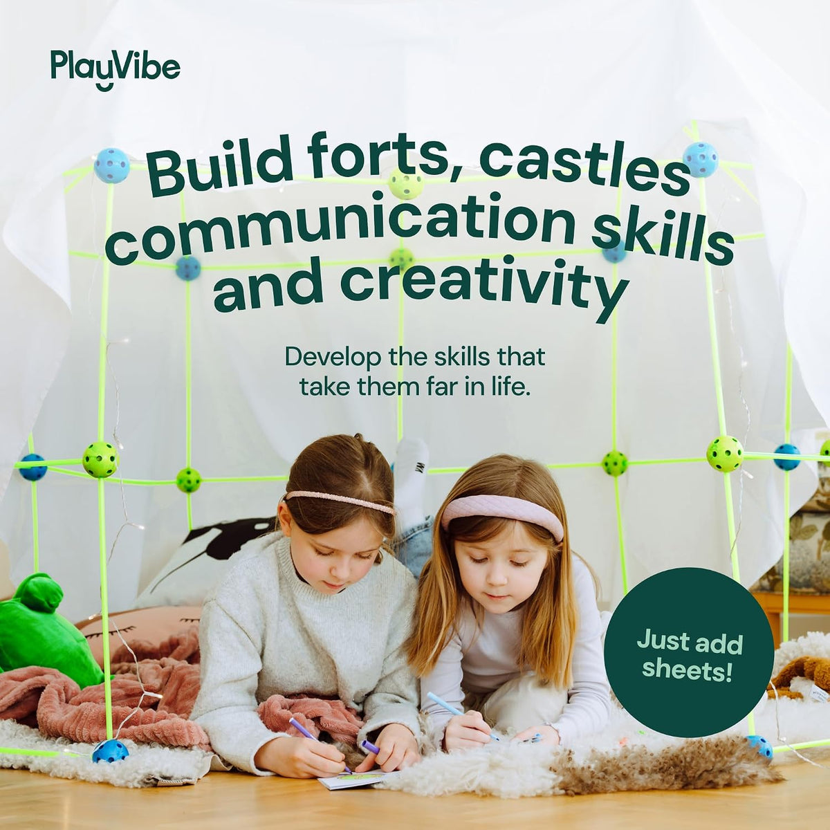 PLAYVIBE 130 PCS Glow in The Dark Kids Fort Building Kit - Fort Builder | Fort Kit | Crazy Kids Fort Building Set | Build A Fort | Air Fort | Indoor/Outdoor Kids Toys