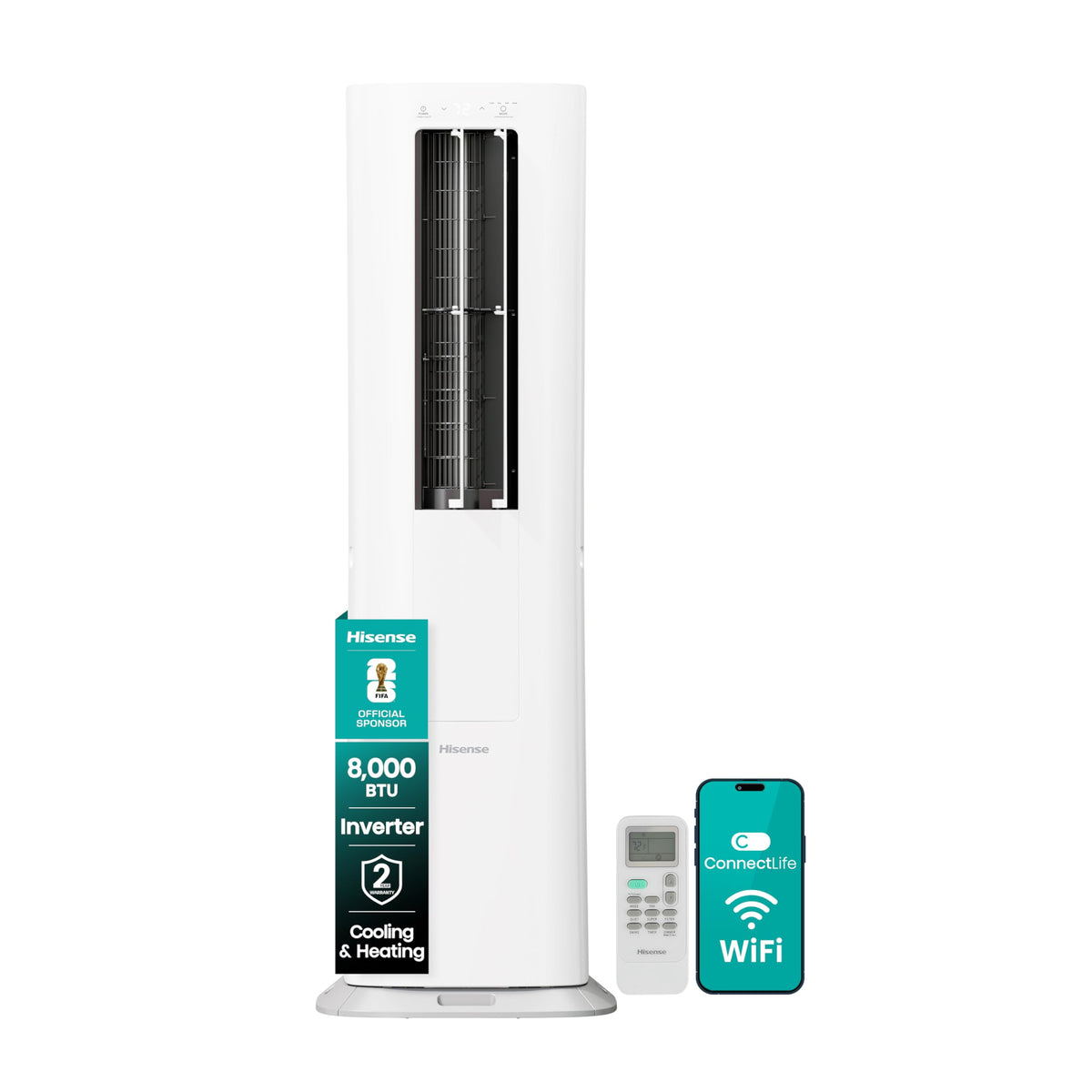 Hisense API0825UW1D Smart Inverter Twin Hose 8,000 BTU (DOE) 350 SF Heat/Cool Tower Portable Air Conditioner, White 8,000 BTU Heat and Cool Smart Inverter