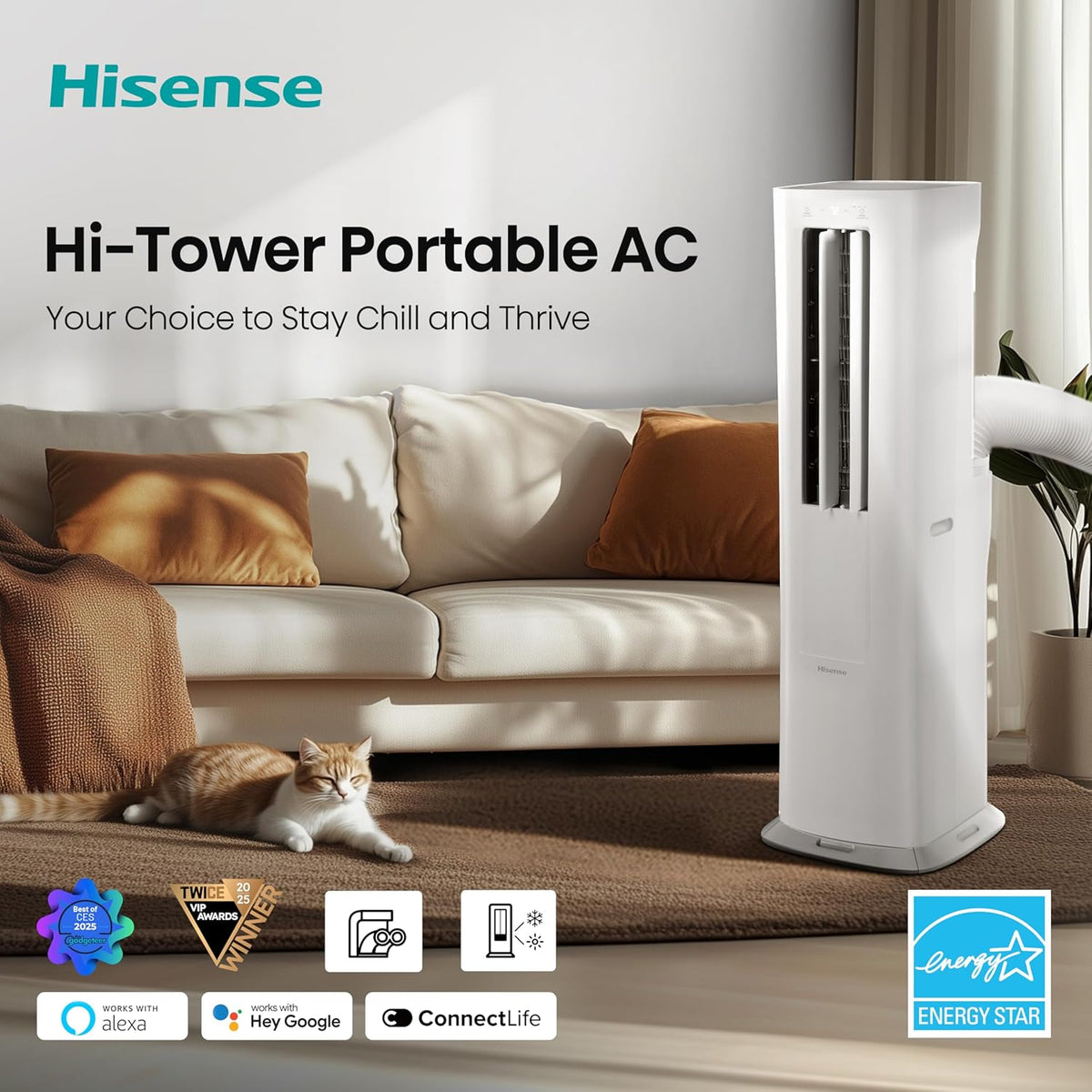 Hisense API0825UW1D Smart Inverter Twin Hose 8,000 BTU (DOE) 350 SF Heat/Cool Tower Portable Air Conditioner, White 8,000 BTU Heat and Cool Smart Inverter