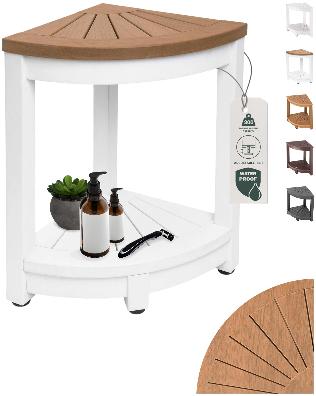 ROHKEX Corner Shower Stool, Waterproof, Non-Slip - White & Brown