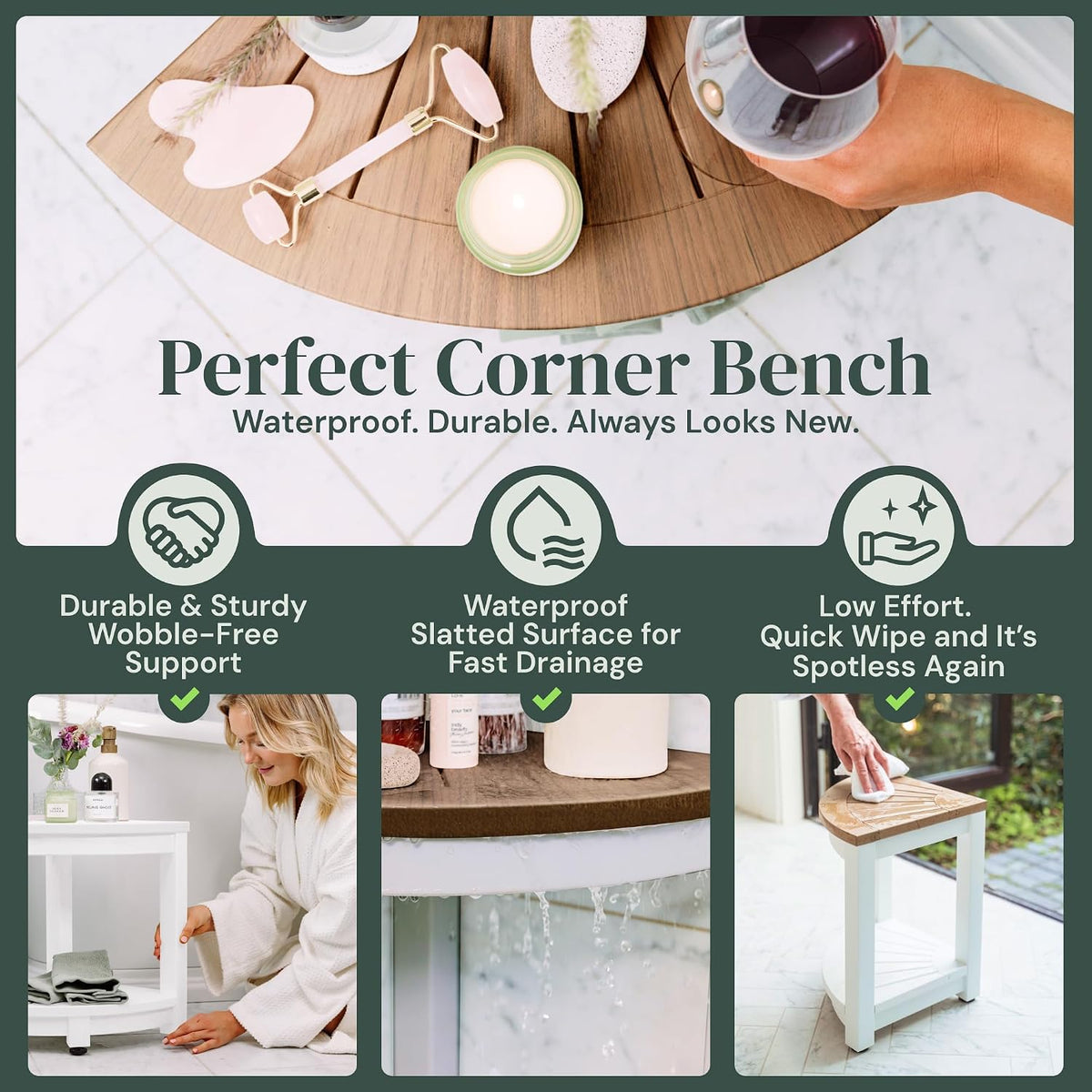 ROHKEX Corner Shower Stool, Waterproof, Non-Slip - White & Brown