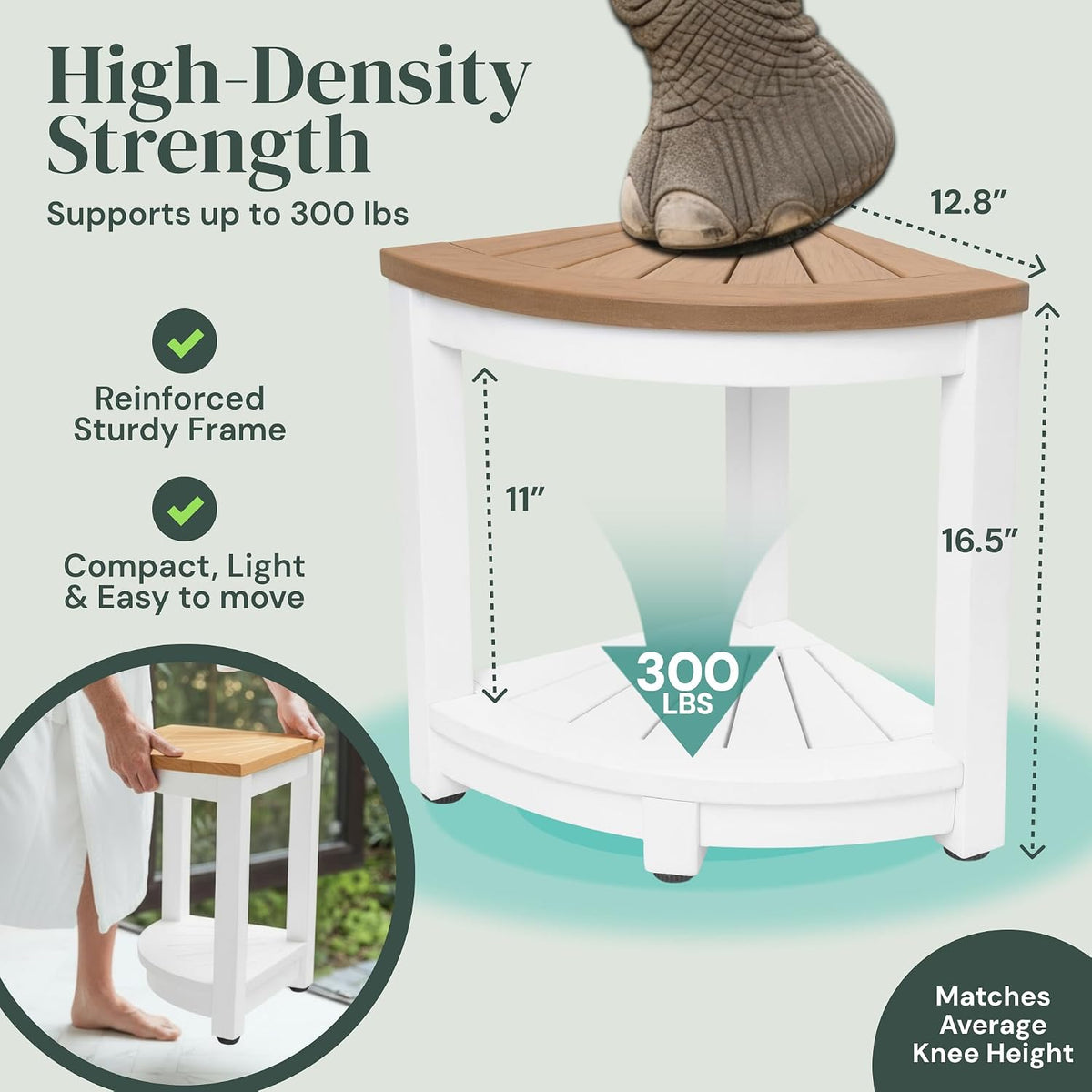 ROHKEX Corner Shower Stool, Waterproof, Non-Slip - White & Brown