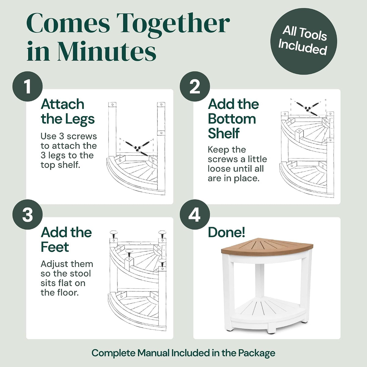 ROHKEX Corner Shower Stool, Waterproof, Non-Slip - White & Brown