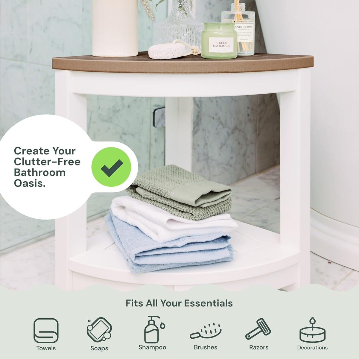 ROHKEX Corner Shower Stool, Waterproof, Non-Slip - White & Brown