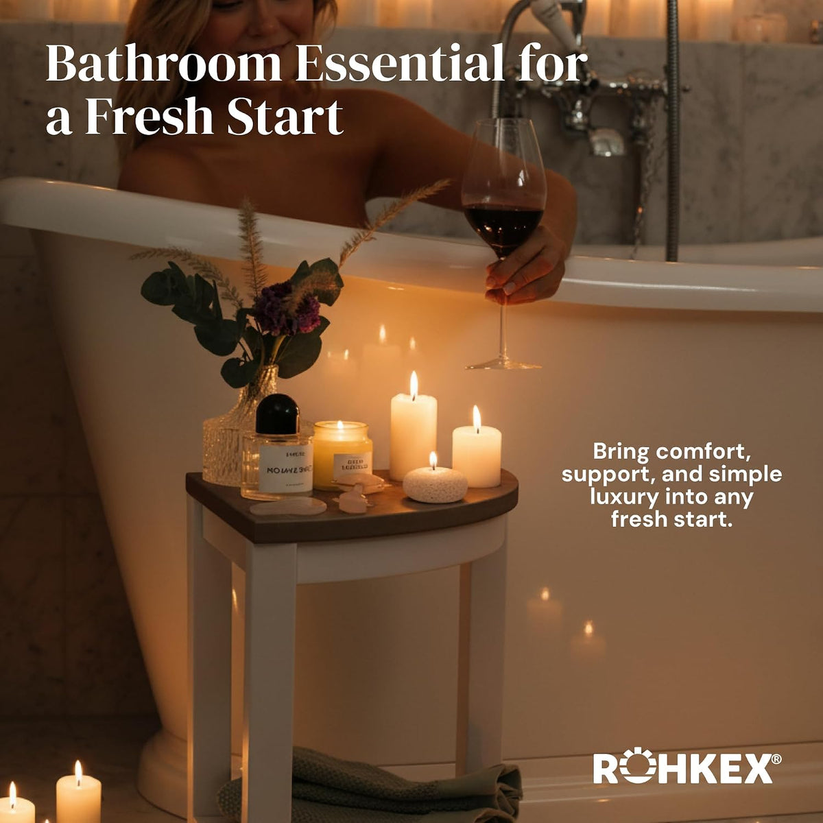 ROHKEX Corner Shower Stool, Waterproof, Non-Slip - White & Brown