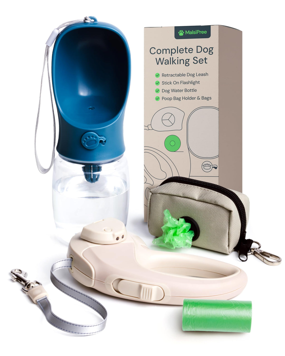 MalsiPree Complete Dog Walking Set - 9.8ft Retractable Leash Set with 20 Poop Bag and Dispenser, Leakproof Dog Water Bottle 12oz & Flashlight - Essential Walking Accessory for Small to Medium Dogs Sand and Teal 12oz - Standard