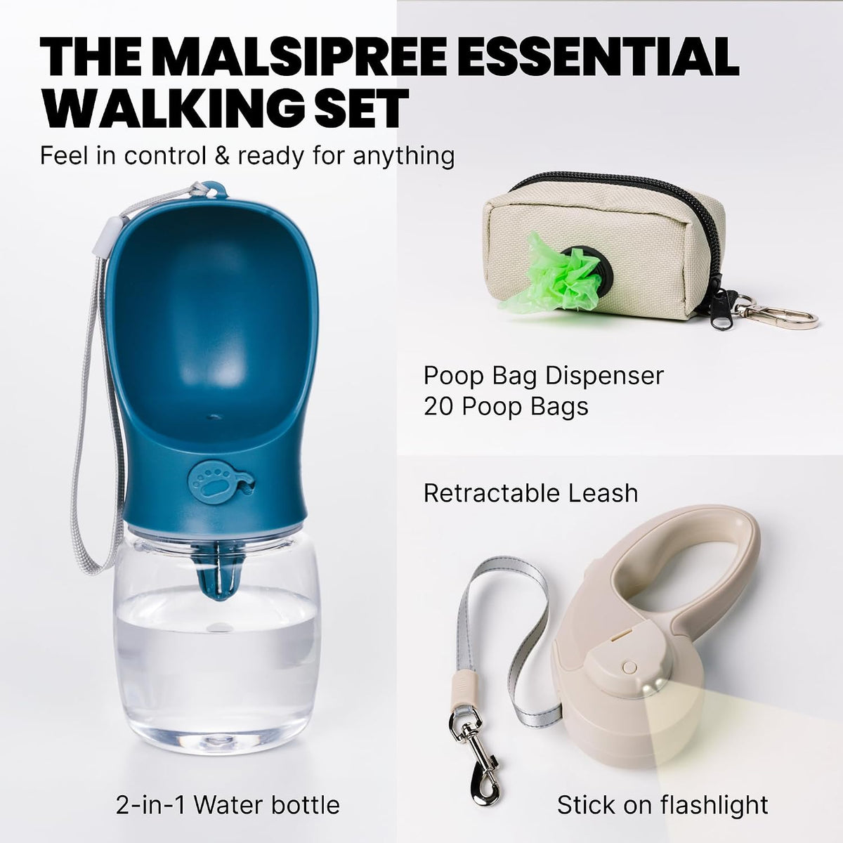 MalsiPree Complete Dog Walking Set - 9.8ft Retractable Leash Set with 20 Poop Bag and Dispenser, Leakproof Dog Water Bottle 12oz & Flashlight - Essential Walking Accessory for Small to Medium Dogs Sand and Teal 12oz - Standard