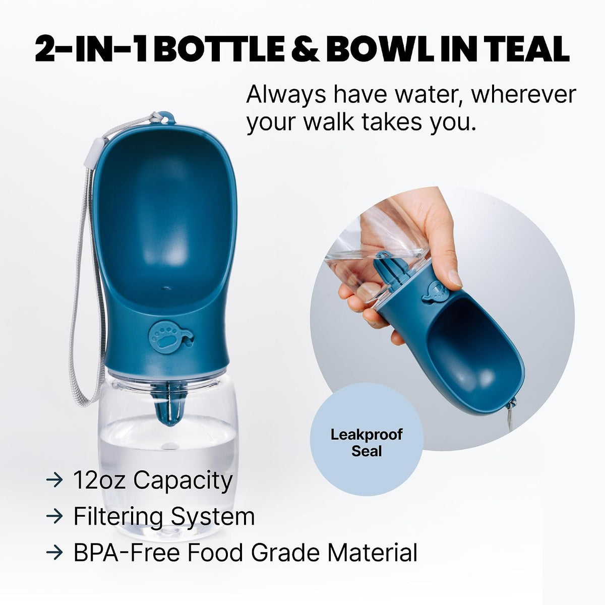MalsiPree Complete Dog Walking Set - 9.8ft Retractable Leash Set with 20 Poop Bag and Dispenser, Leakproof Dog Water Bottle 12oz & Flashlight - Essential Walking Accessory for Small to Medium Dogs Sand and Teal 12oz - Standard