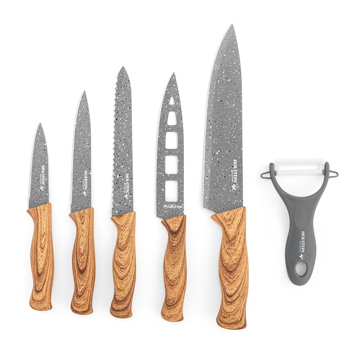 Holstein Housewares 6-Piece Knife Set  Stainless Steel Kitchen Knives with Wooden-Coated Handles, Non-Stick Coating, and Ceramic Peeler  Stylish & Versatile for Everyday Cooking
