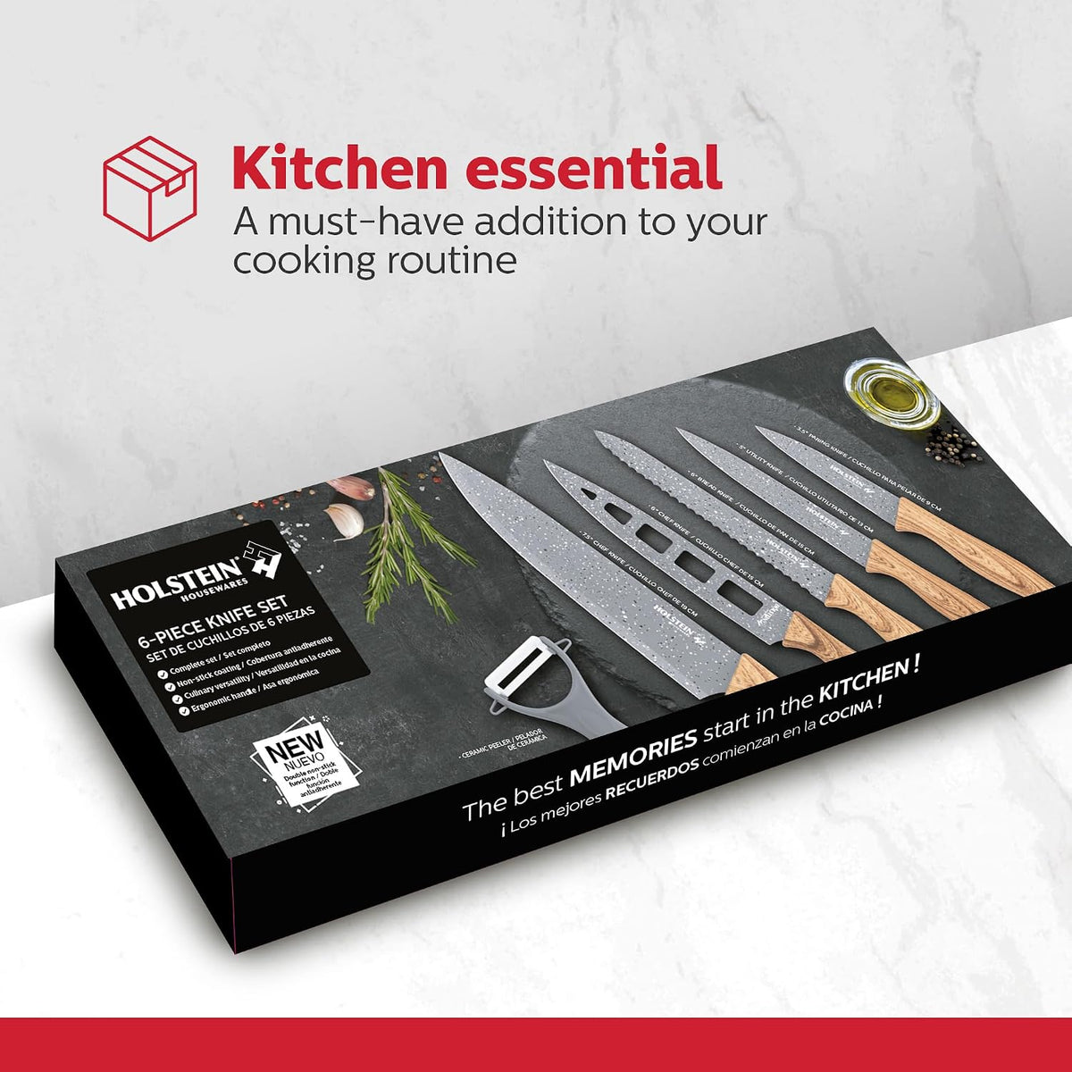 Holstein Housewares 6-Piece Knife Set  Stainless Steel Kitchen Knives with Wooden-Coated Handles, Non-Stick Coating, and Ceramic Peeler  Stylish & Versatile for Everyday Cooking