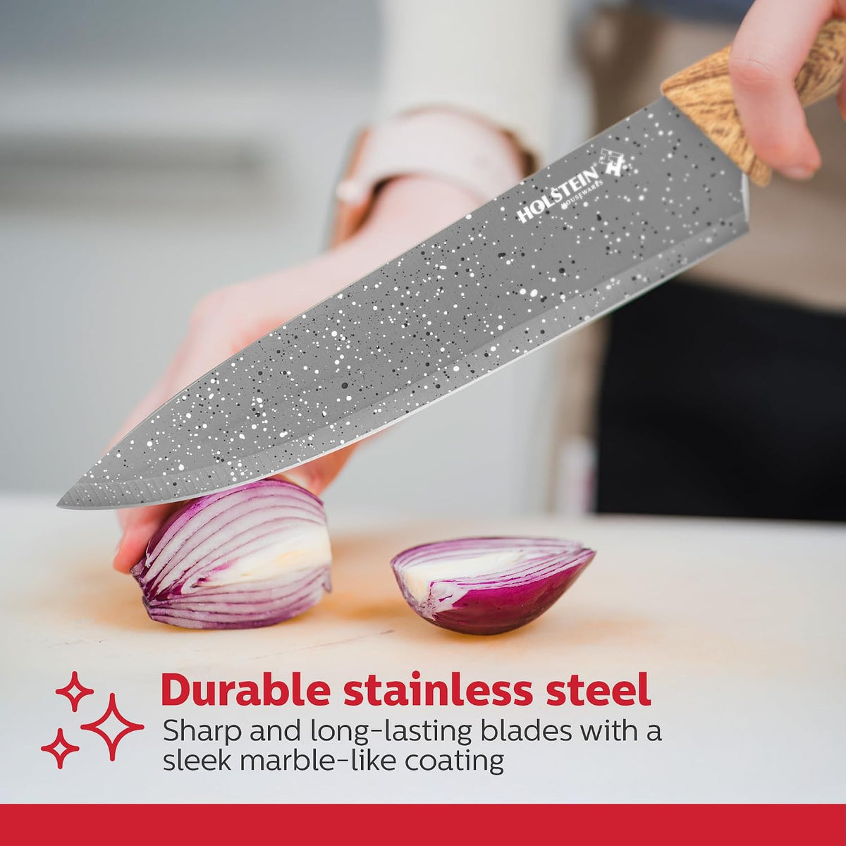 Holstein Housewares 6-Piece Knife Set  Stainless Steel Kitchen Knives with Wooden-Coated Handles, Non-Stick Coating, and Ceramic Peeler  Stylish & Versatile for Everyday Cooking