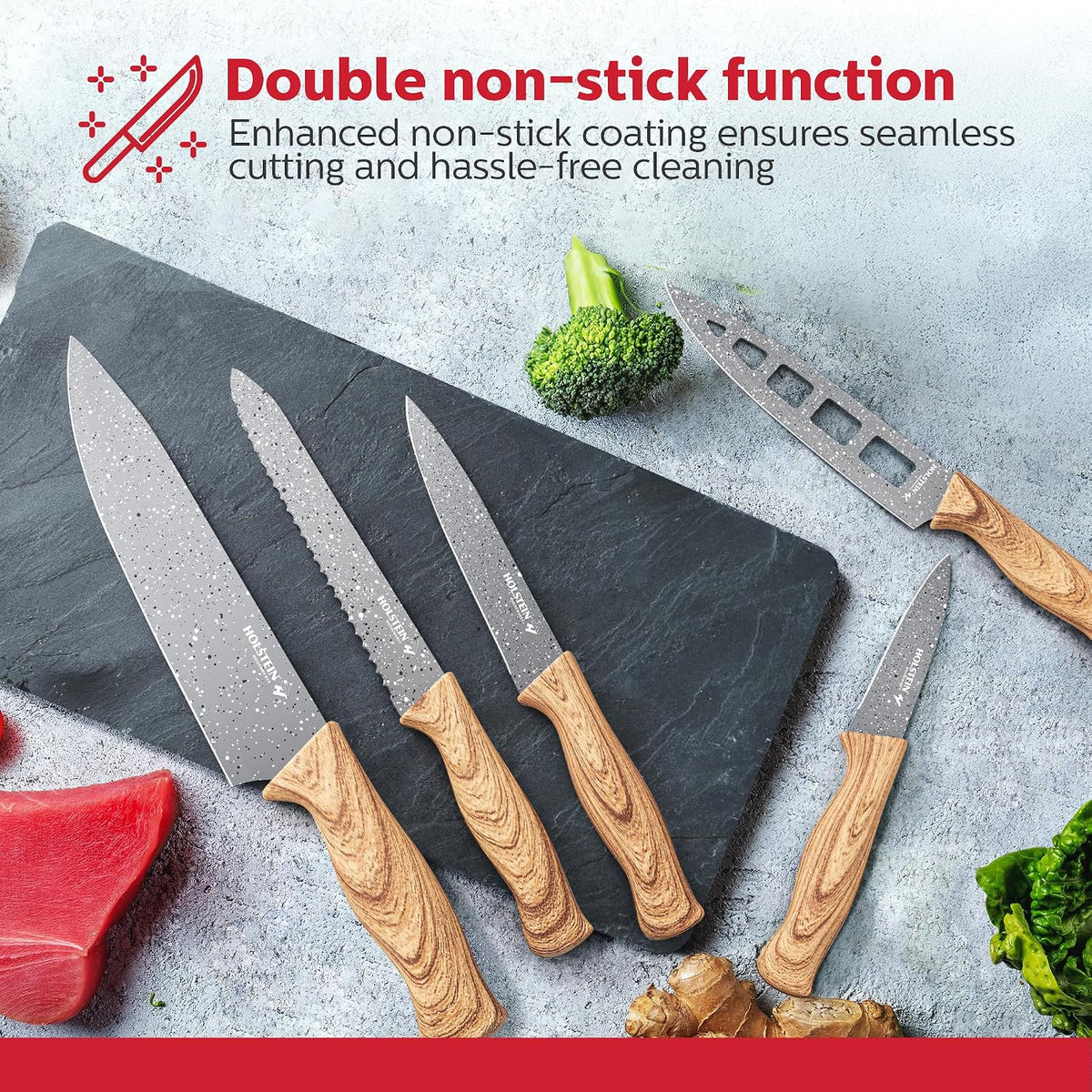 Holstein Housewares 6-Piece Knife Set  Stainless Steel Kitchen Knives with Wooden-Coated Handles, Non-Stick Coating, and Ceramic Peeler  Stylish & Versatile for Everyday Cooking