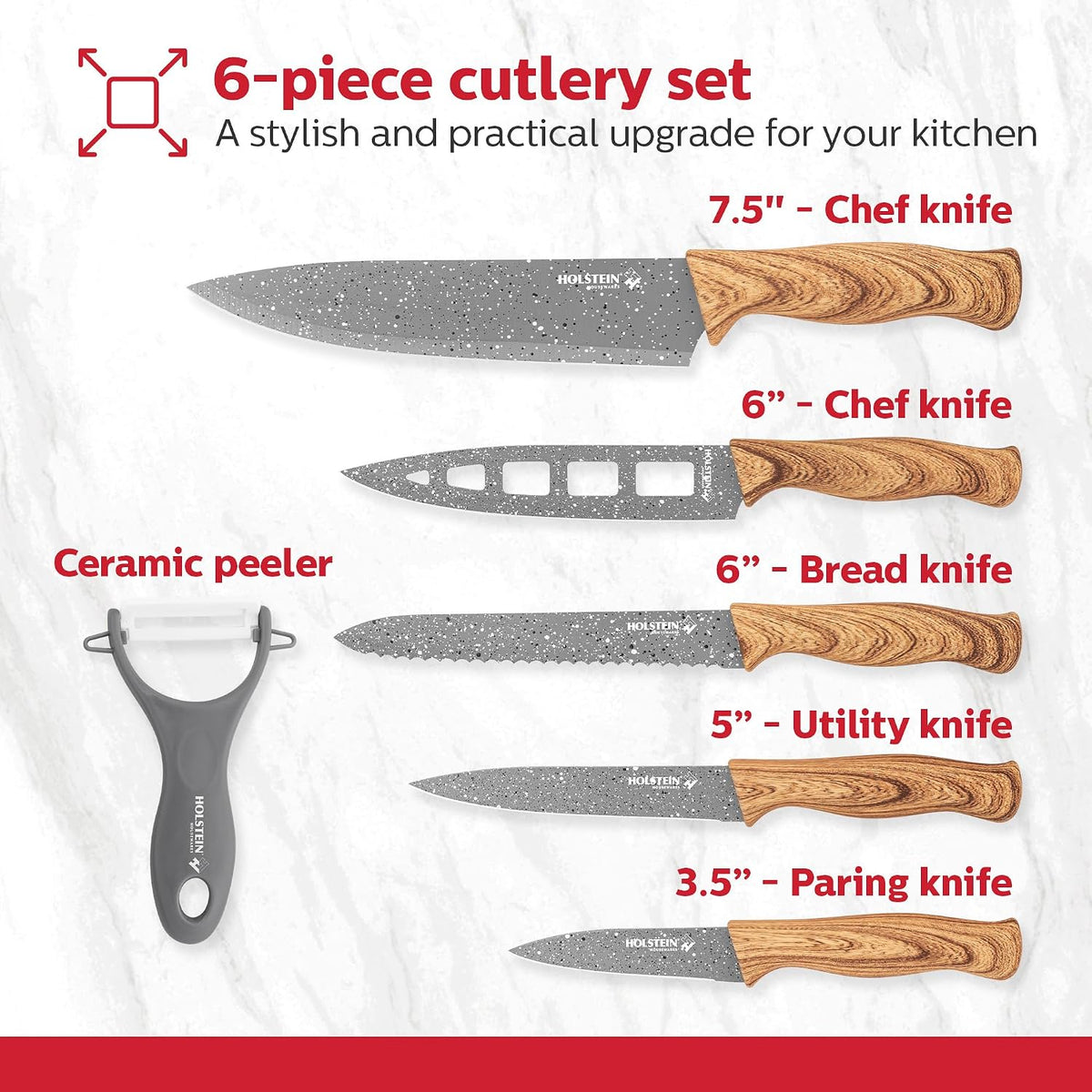 Holstein Housewares 6-Piece Knife Set  Stainless Steel Kitchen Knives with Wooden-Coated Handles, Non-Stick Coating, and Ceramic Peeler  Stylish & Versatile for Everyday Cooking