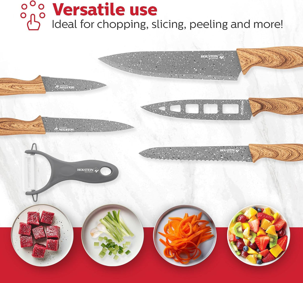 Holstein Housewares 6-Piece Knife Set  Stainless Steel Kitchen Knives with Wooden-Coated Handles, Non-Stick Coating, and Ceramic Peeler  Stylish & Versatile for Everyday Cooking