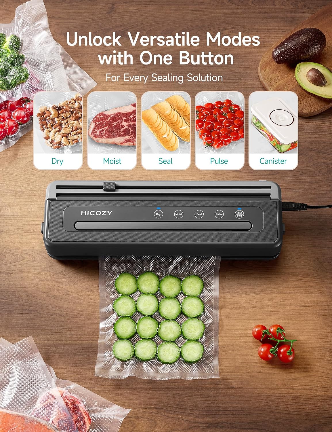 HiCOZY Compact Vacuum Sealer for Food, 5-in-1 Functions Vacuum Sealer with Double Heat Seal, Built-in Cutter, 10 BPA-Free Bags, Gray