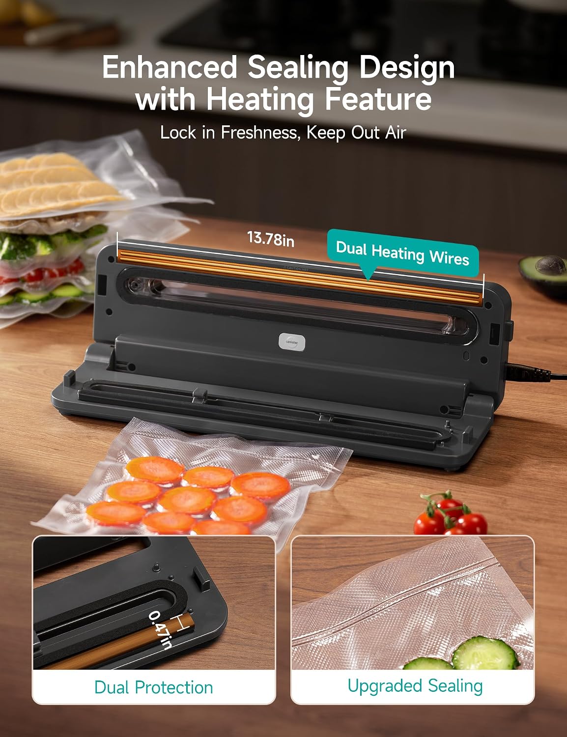 HiCOZY Compact Vacuum Sealer for Food, 5-in-1 Functions Vacuum Sealer with Double Heat Seal, Built-in Cutter, 10 BPA-Free Bags, Gray