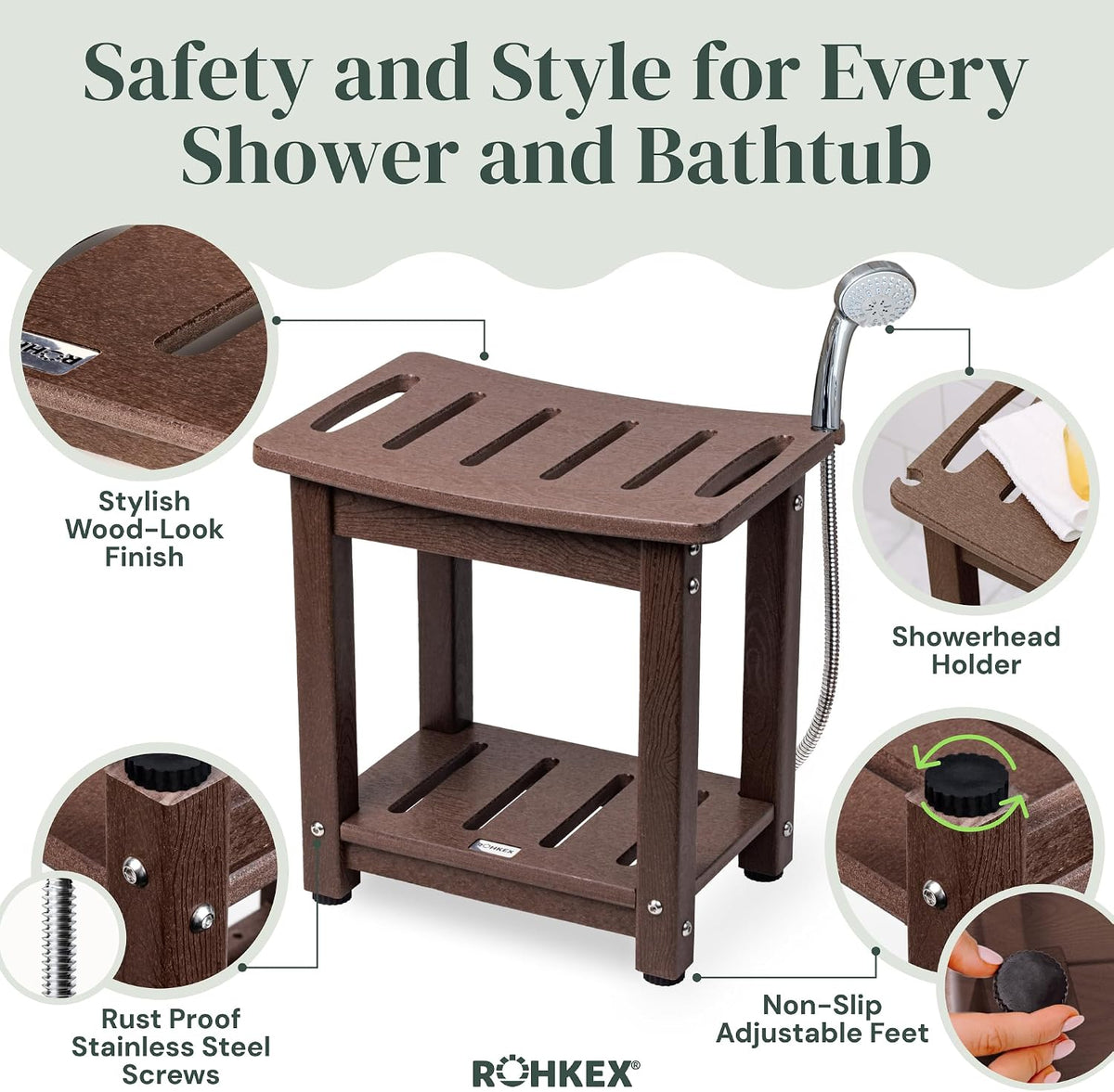 ROHKEX Curved Shower Bench, Waterproof, Non-Slip