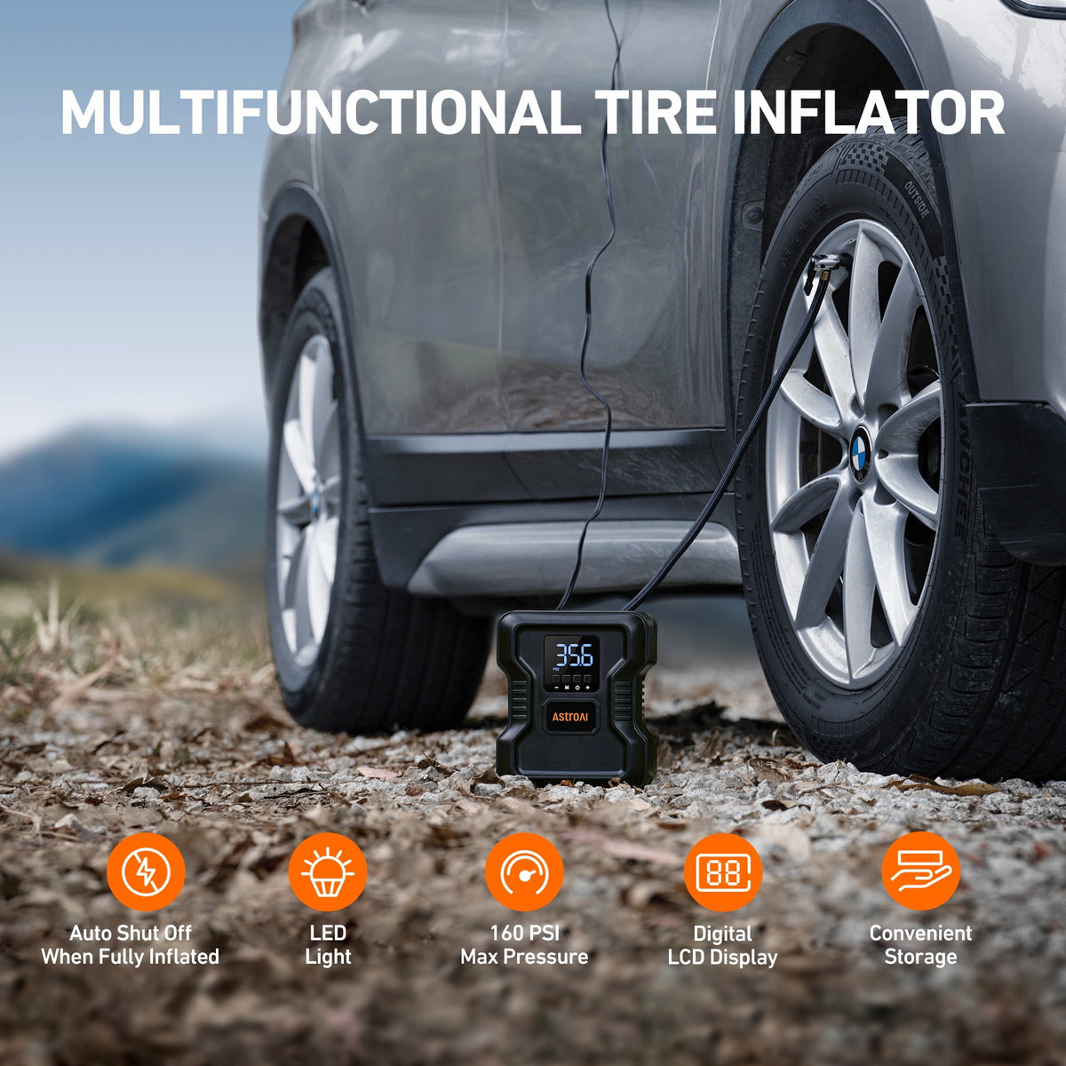AstroAI Portable Tire Inflator, 150 PSI Air Compressor Tire Pump, Emergency LED Light, Automatic Shutoff Car Air Pump, Compact Tire Pump Fast Inflation for Cars, 12V DC