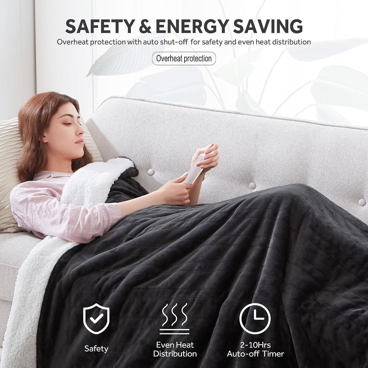 Heated Electric Blanket, Soft Flannel Sherpa, 9 Heat Levels, Fast Heating, 2 to 10 Hours Auto-Off, Detachable Controller, Machine Washable