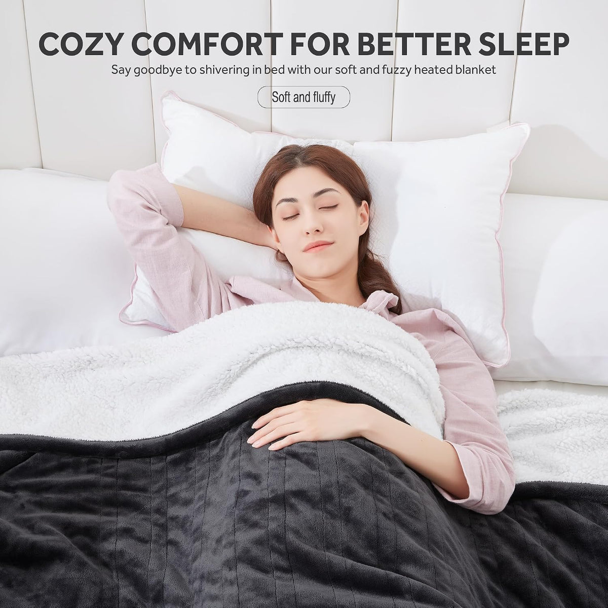 Heated Electric Blanket, Soft Flannel Sherpa, 9 Heat Levels, Fast Heating, 2 to 10 Hours Auto-Off, Detachable Controller, Machine Washable