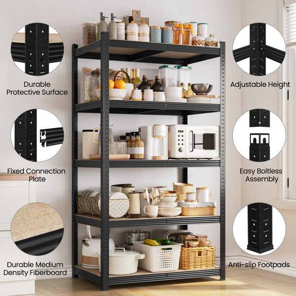Heavy-Duty 5-Tier Boltless Shelving Unit, 35" Wide, 16" Deep, 72" High, Black