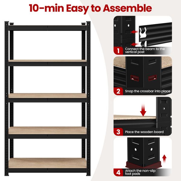 Heavy-Duty 5-Tier Boltless Shelving Unit, 35" Wide, 16" Deep, 72" High, Black