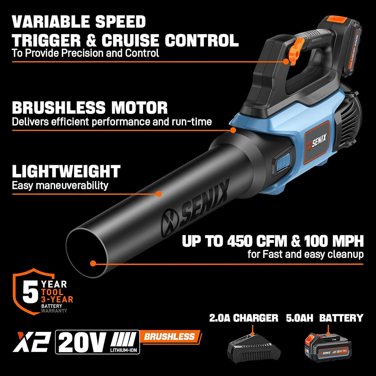 X2 20V Max Cordless Leaf Blower, Brushless (5.0 Ah Battery & Charger Included)