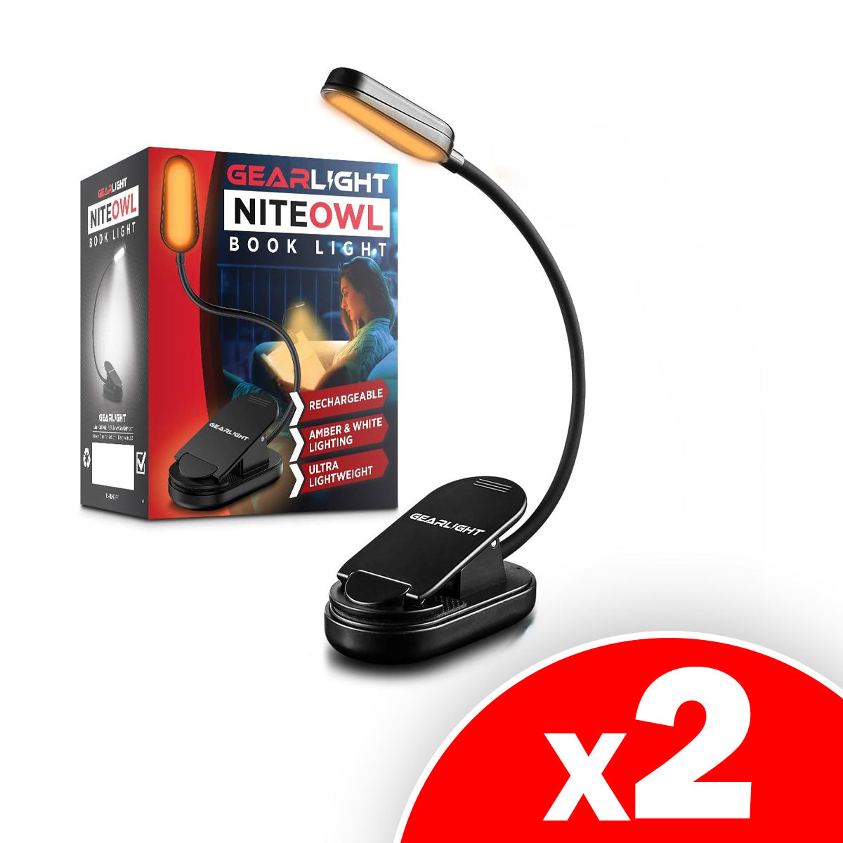 GearLight Rechargeable Book Light with 3 Light Modes, Adjustable Brightness, Flexible Neck, Black Clip-on, 2 Pack